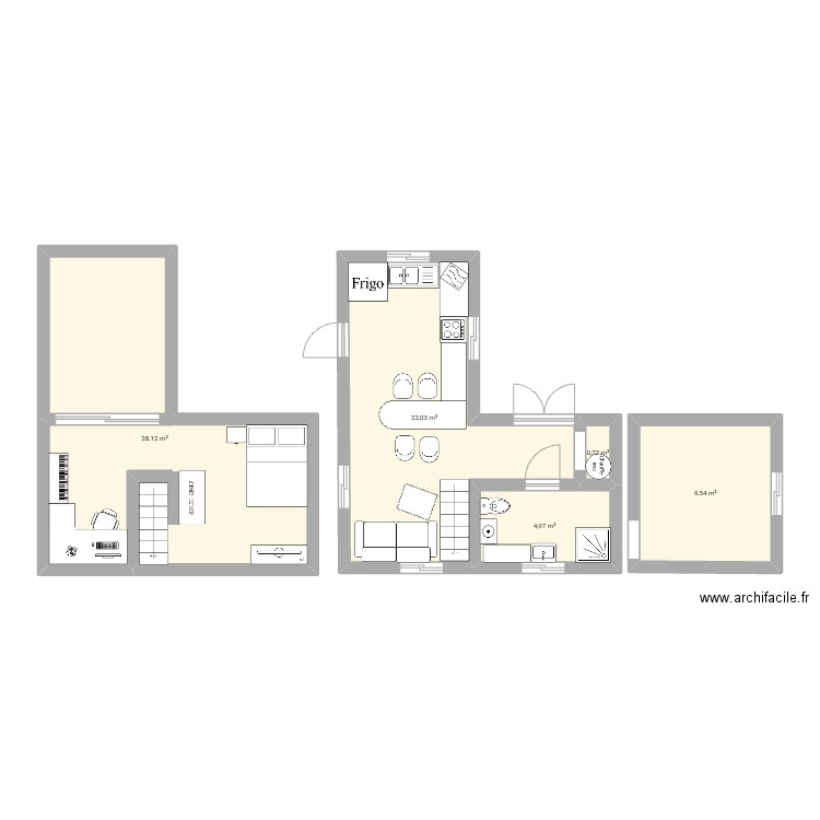 2 tiny. Plan de 5 pièces et 65 m2