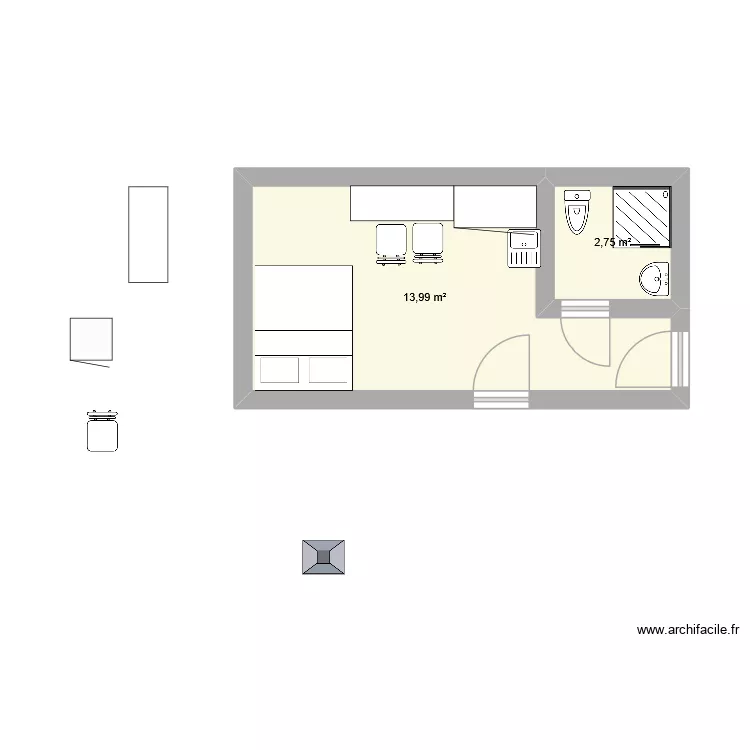 studio. Plan de 2  et 17 m²