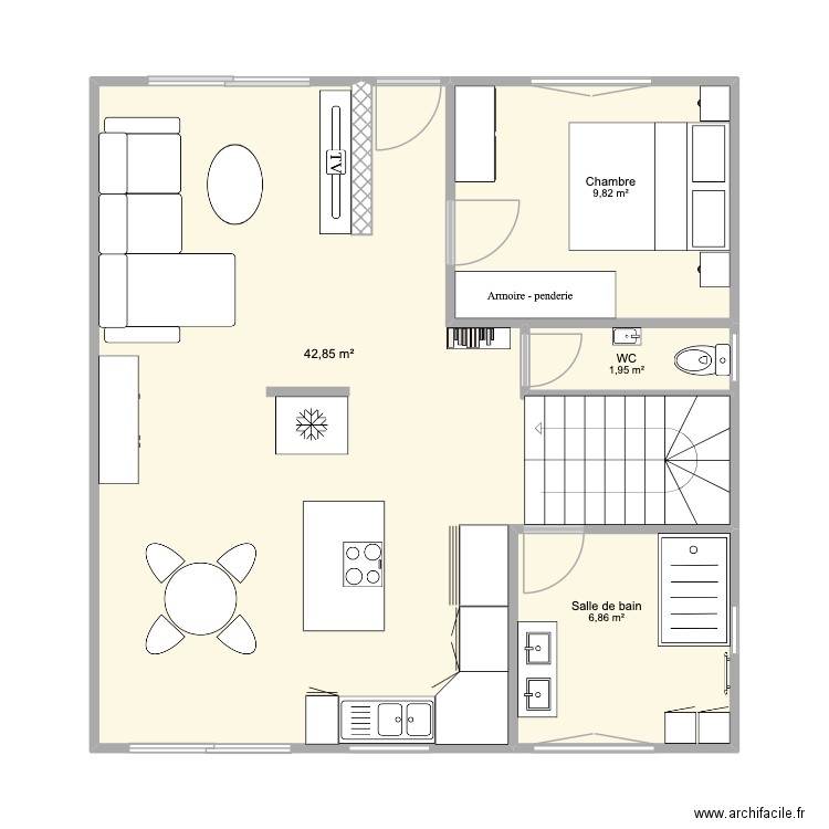 RDC. Plan de 4 pièces et 61 m2