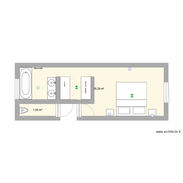 Suite parentale 2 Langlois. Plan de 2 pièces et 22 m2