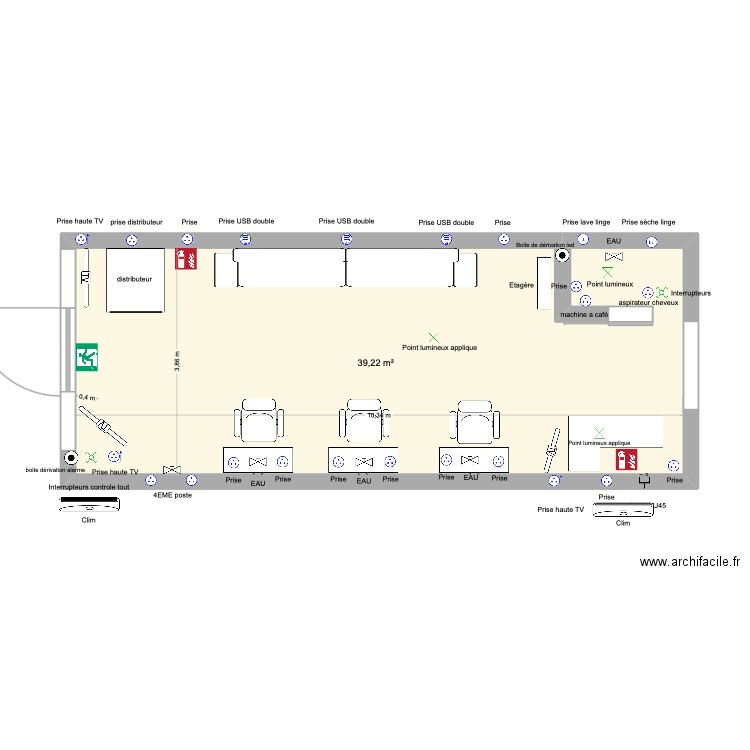 salon carros. Plan de 1 pièce et 39 m2