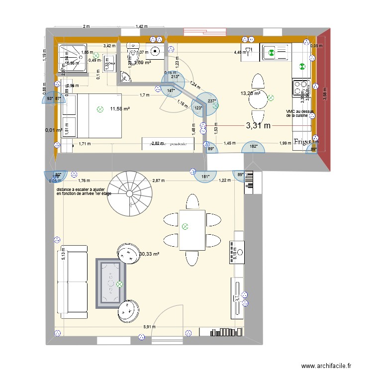 RDC Bodiguel milieu 8. Plan de 6 pièces et 57 m2