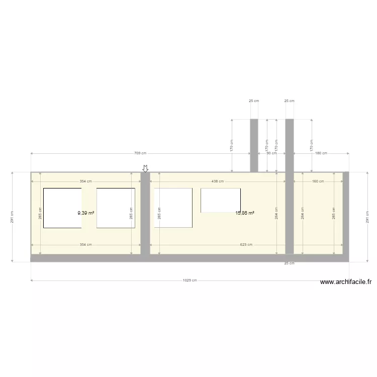 facade 5 fenetres. Plan de 2  et 25 m²