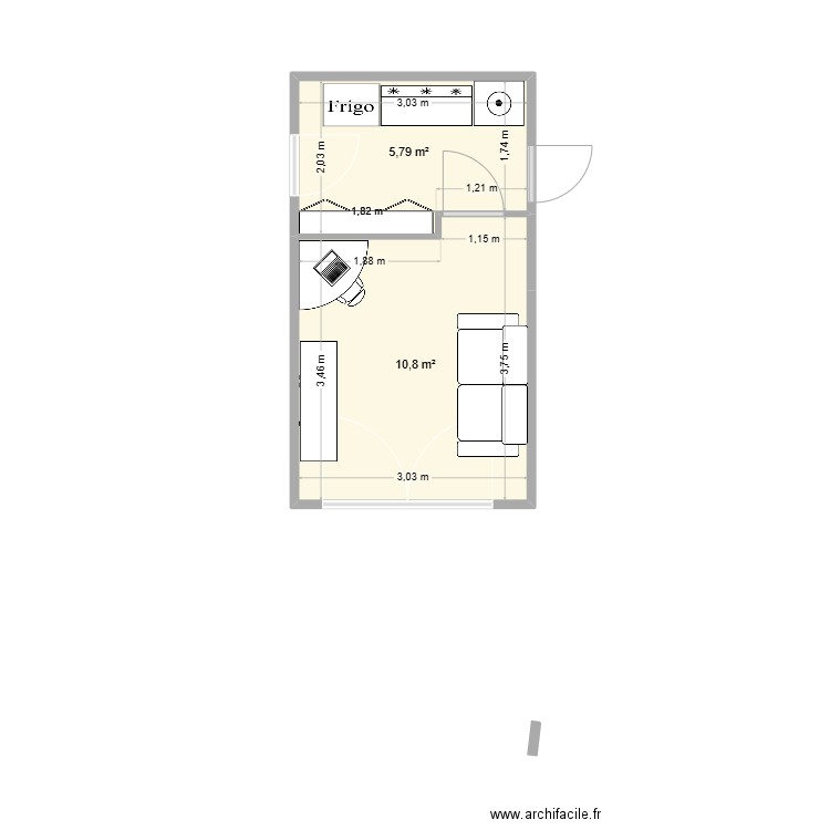 extension. Plan de 2 pièces et 17 m2