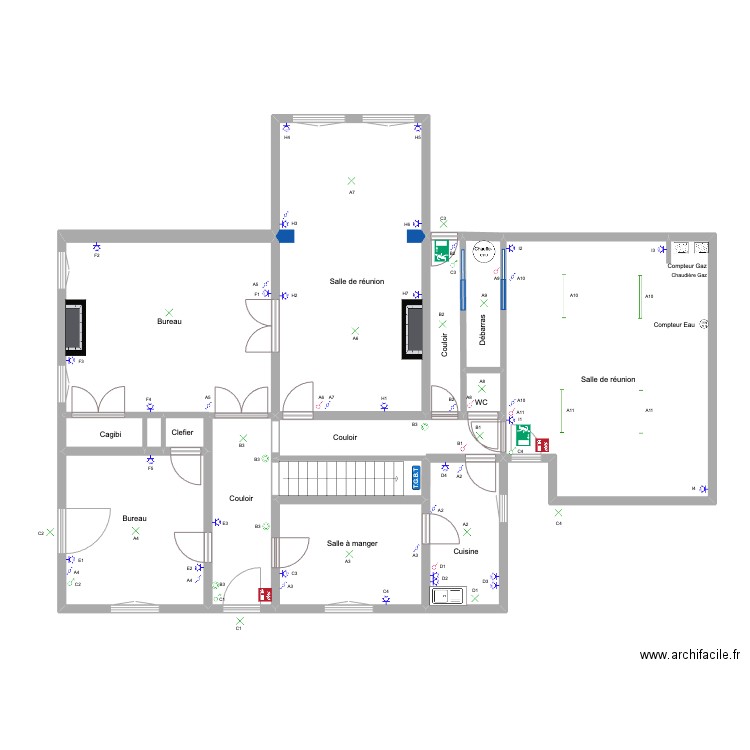Cure 2 Electricité. Plan de 13 pièces et 150 m2