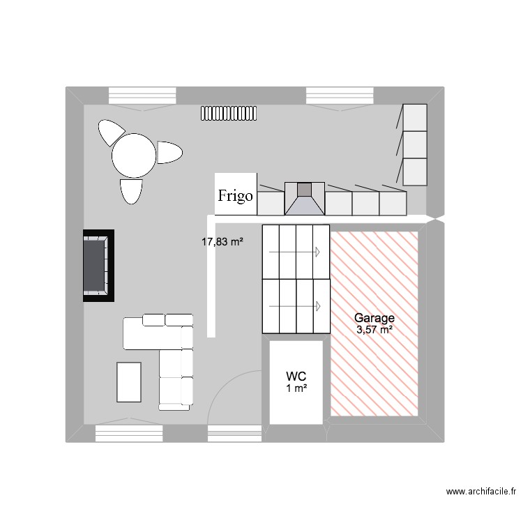 rdc. Plan de 3 pièces et 22 m2