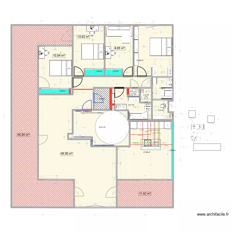 Plan sans gaine tech. Plan de 19  et 215 m²