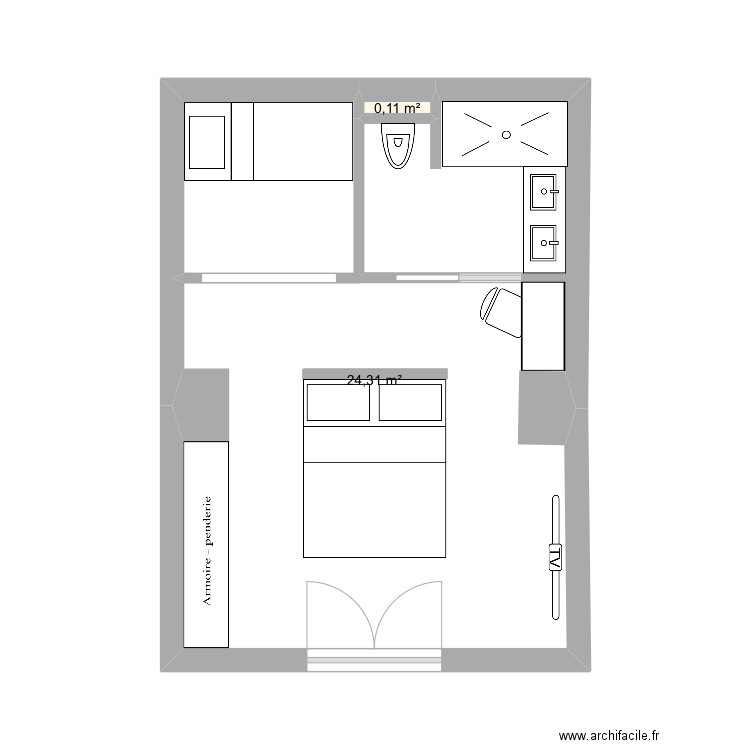 Chambre appartement rdj. Plan de 2 pièces et 24 m2