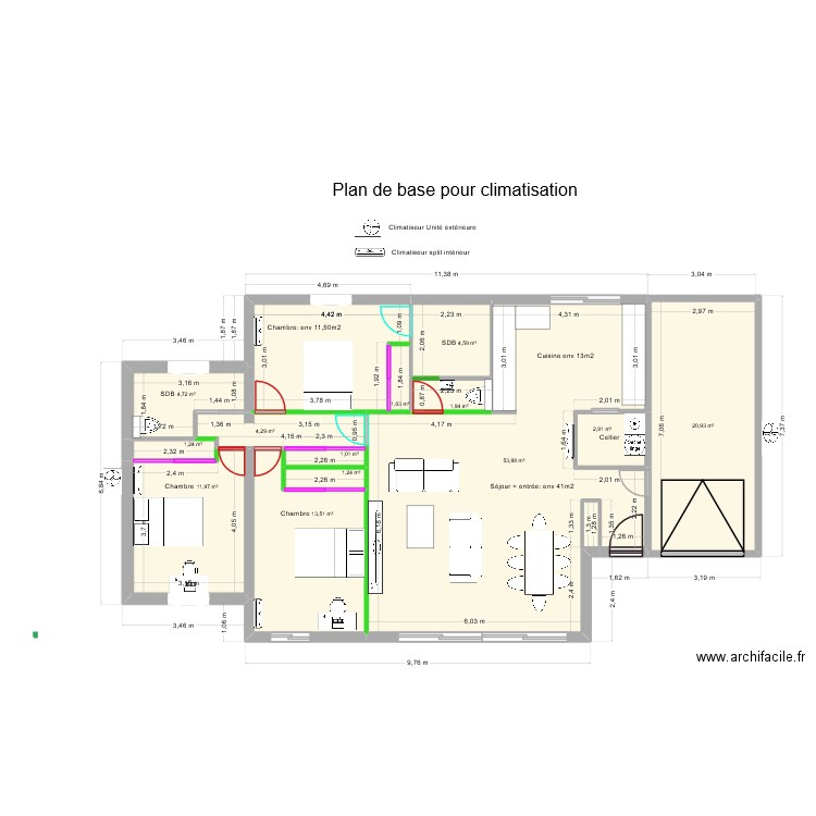 Plan de base pour travaux. Plan de 15 pièces et 277 m2