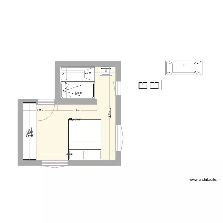 Chambre RDC. Plan de 1  et 17 m²