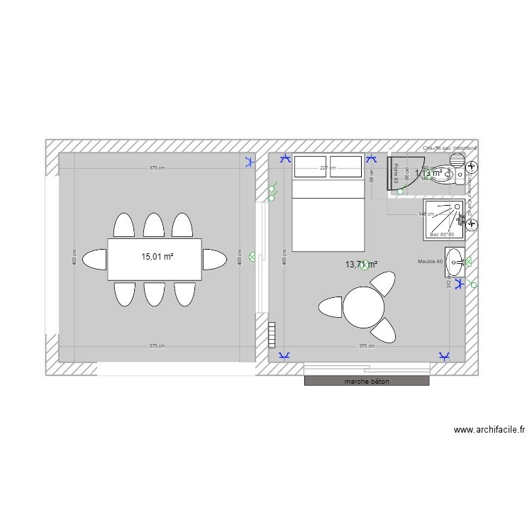 Blanchet. Plan de 3 pièces et 30 m2