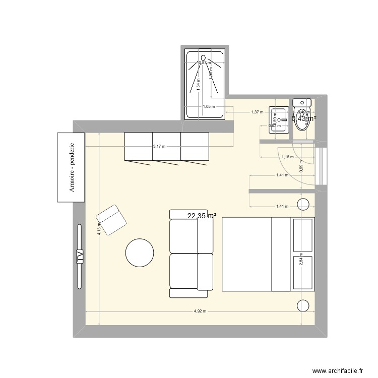 duras. Plan de 2 pièces et 23 m2