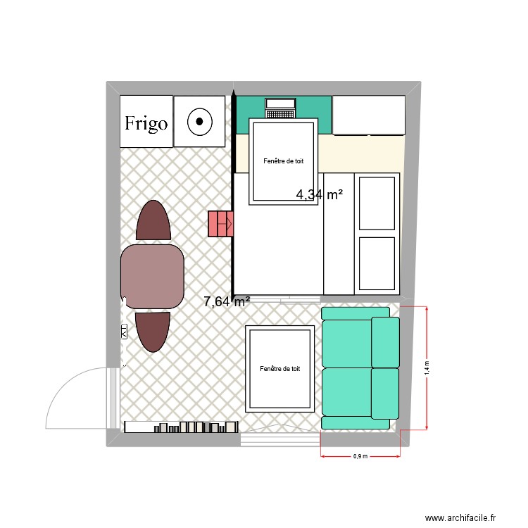 rennes avec lit cabanne. Plan de 2 pièces et 12 m2