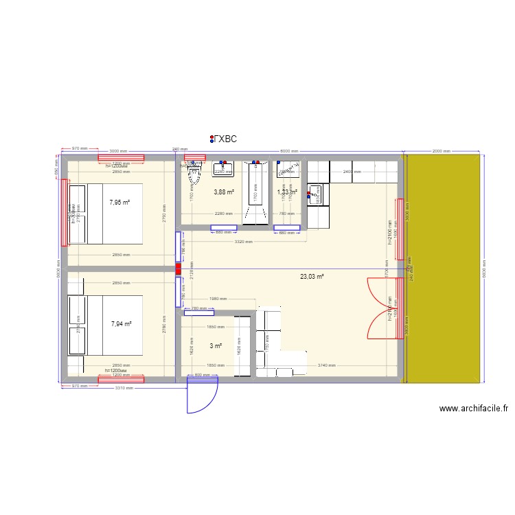 54 Сова гхвс. Plan de 7 pièces et 58 m2
