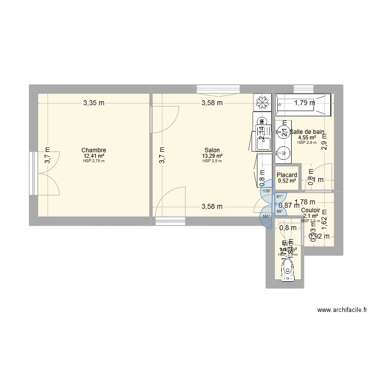WILSON R1 droit. Plan de 6 pièces et 34 m2