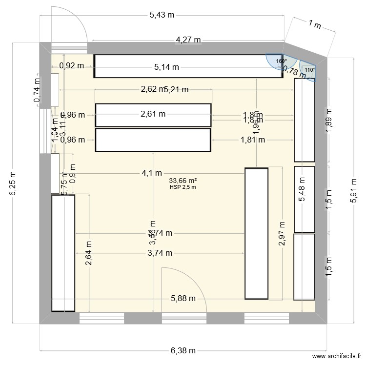 Plan aménagement mobilier. Plan de 1 pièce et 34 m2