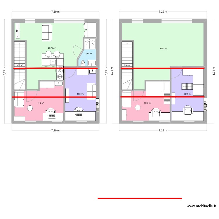 Etage 2 Moon versie optie Malo. Plan de 3 pièces et 27 m2