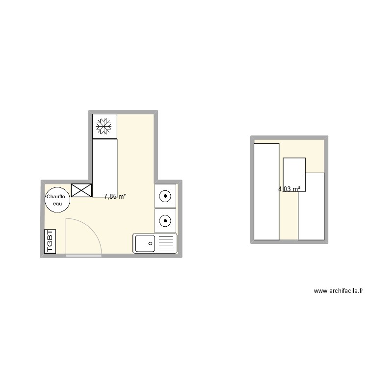buanderie. Plan de 2 pièces et 12 m2