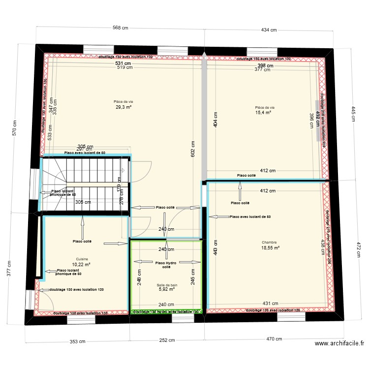 BOIS Placo. Plan de 5 pièces et 79 m2