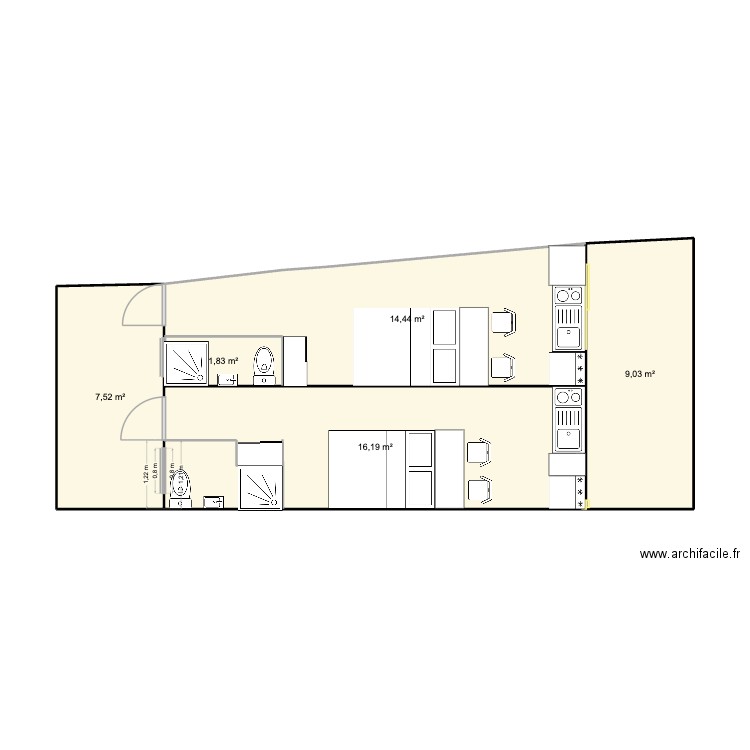 T1 bis. Plan de 5 pièces et 49 m2