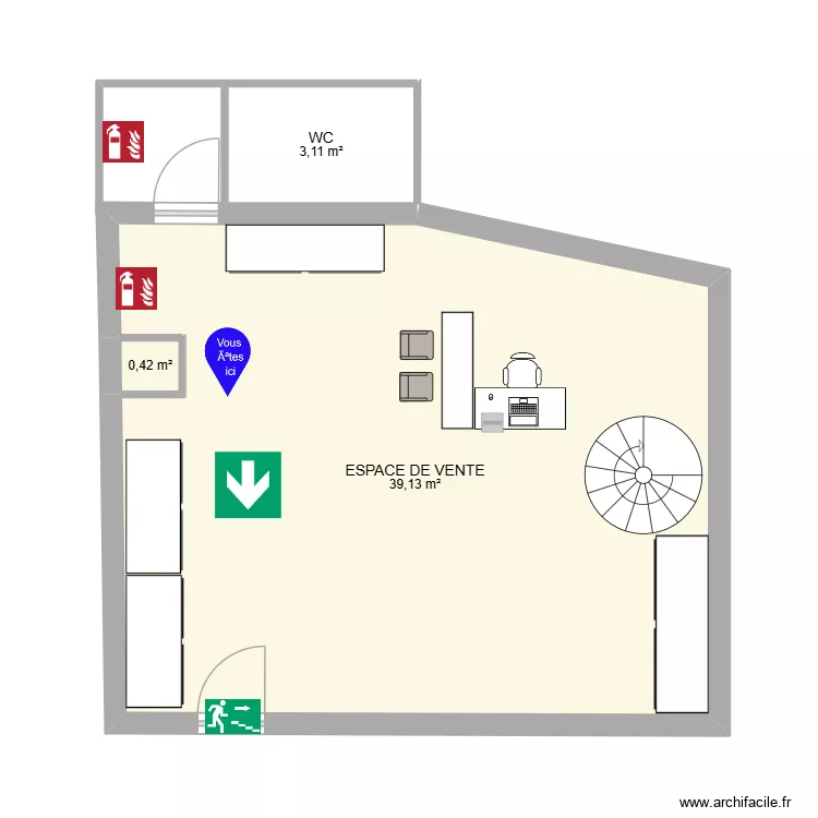 Magasin. Plan de 3  et 43 m²