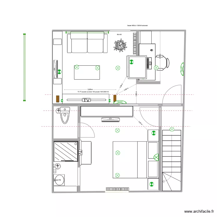 Fauteuil parall&egrave;le fen&ecirc;tre. Plan de 4  et 37 m²