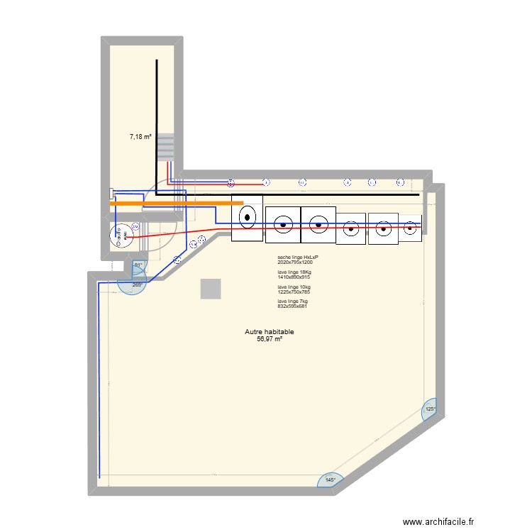 laverie. Plan de 2 pièces et 64 m2