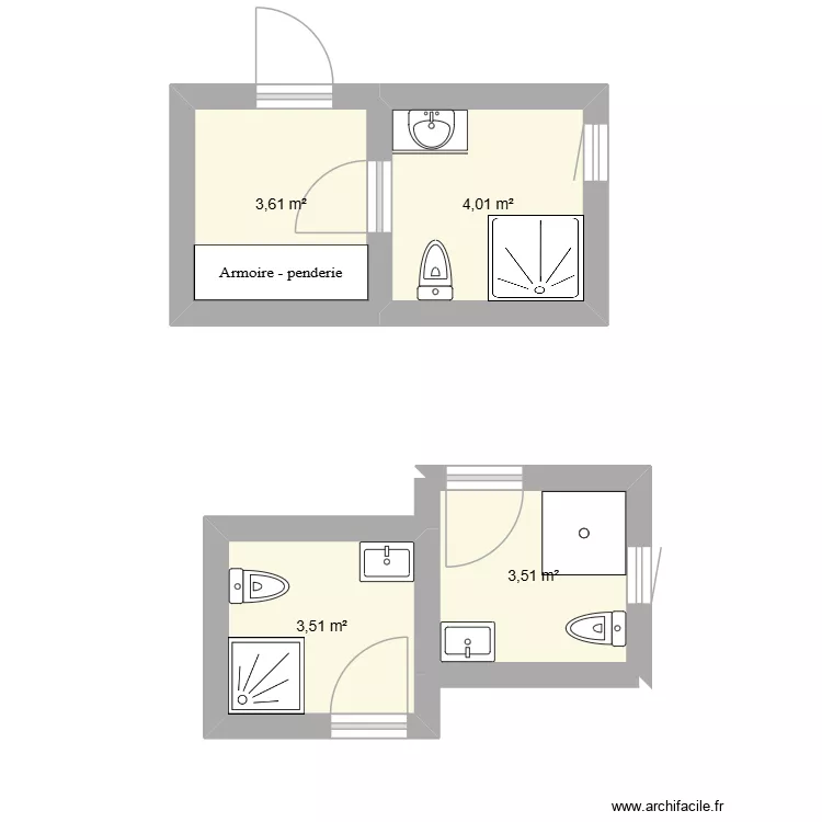 salle de bain. Plan de 4  et 15 m²
