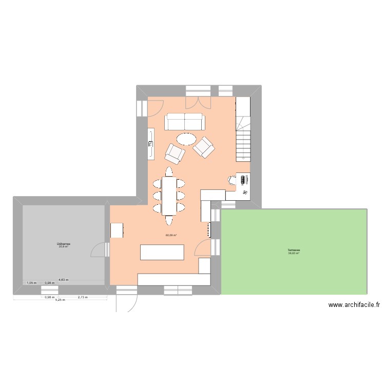 travaux RP. Plan de 2 pièces et 73 m2