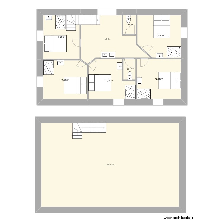 Ruine R+1. Plan de 9 pièces et 158 m2
