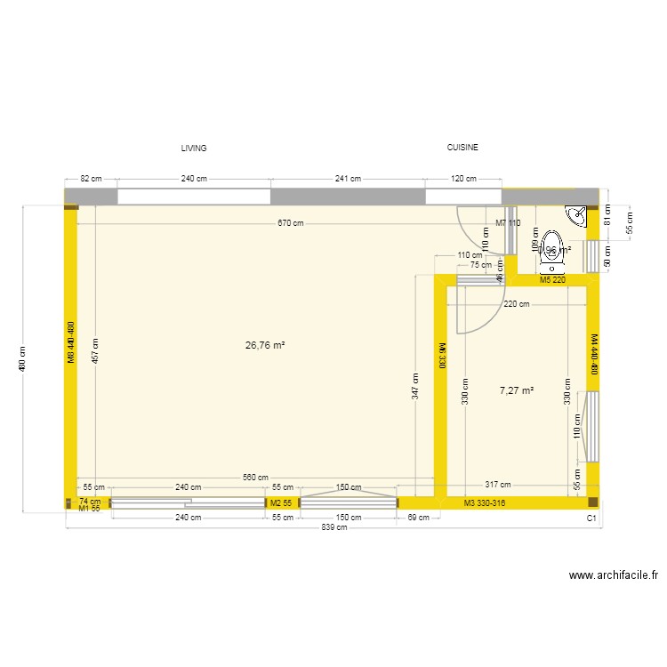 Projet Baton V5 Production V2. Plan de 3 pièces et 35 m2