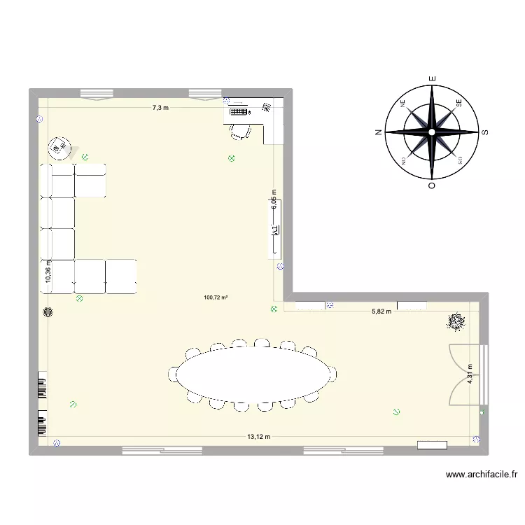 Plan salle d\'animation. Plan de 1  et 101 m²
