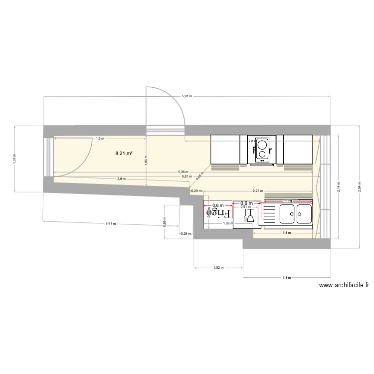 Plan cousin cuisine. Plan de 1 pièce et 8 m2