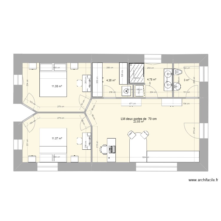 LM deux portes de 70. Plan de 13 pièces et 148 m2