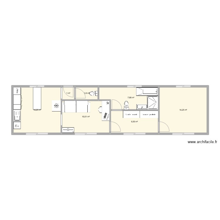56m2. Plan de 7 pièces et 56 m2