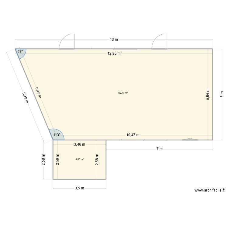 Grange RDC. Plan de 2 pièces et 79 m2