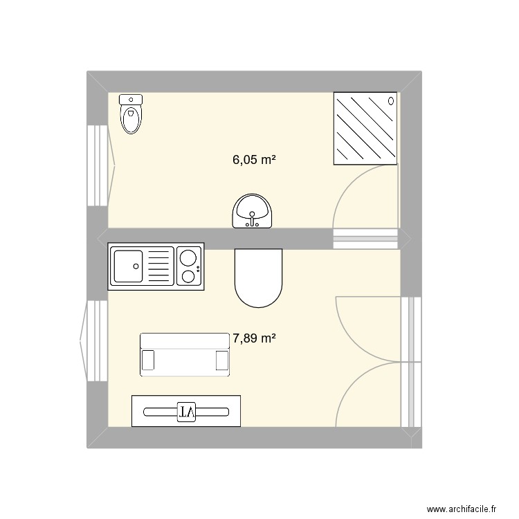 T2 SAM + sdb. Plan de 2 pièces et 14 m2