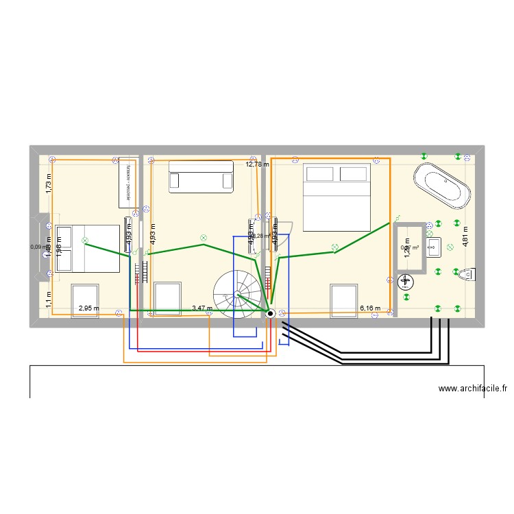 ETAGE plan électrique. Plan de 3 pièces et 61 m2