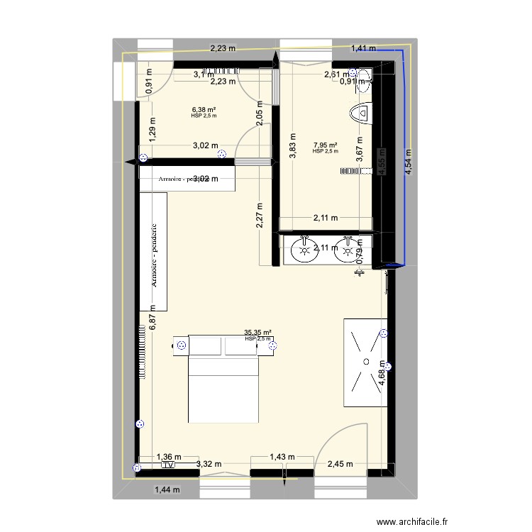 chambre 1. Plan de 3 pièces et 50 m2