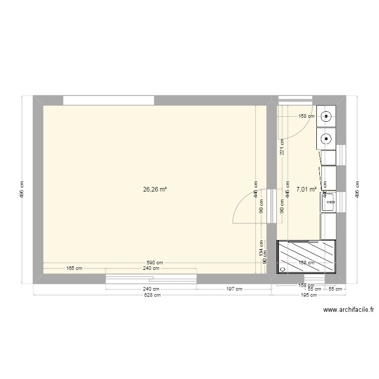 Projet Baton V2. Plan de 2 pièces et 33 m2
