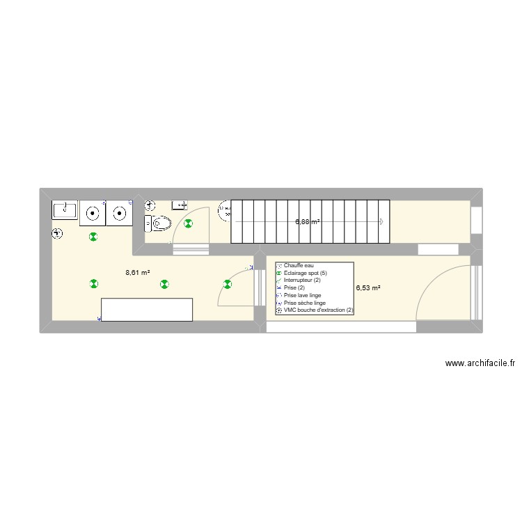 Buanderie. Plan de 3 pièces et 22 m2