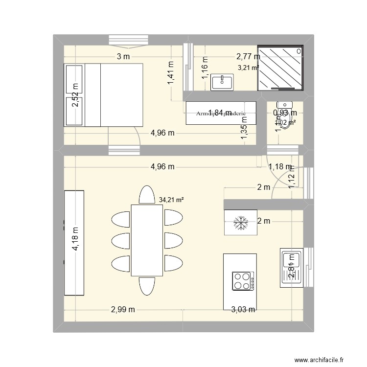 Projet n°1. Plan de 3 pièces et 38 m2