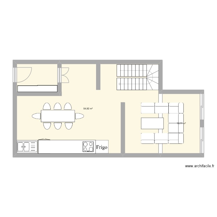 Maison rez de chaussé. Plan de 2 pièces et 65 m2