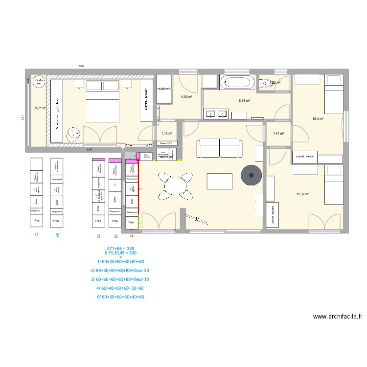 Explicatif cuisine. Plan de 10 pièces et 86 m2