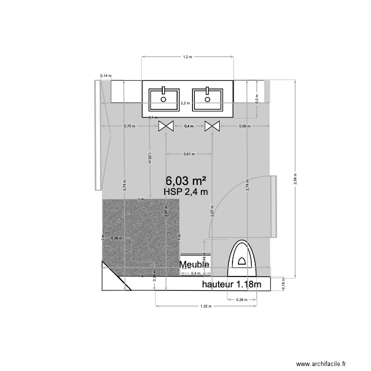 salle de bain en haut avec douche 1. Plan de 1 pièce et 6 m2