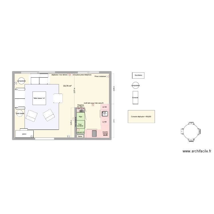 implantation prises. Plan de 2 pièces et 34 m2