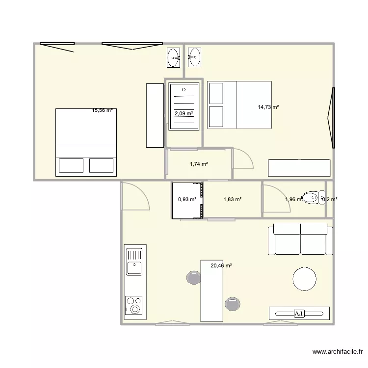 BLV AVEC MEUBLE. Plan de 9  et 59 m²