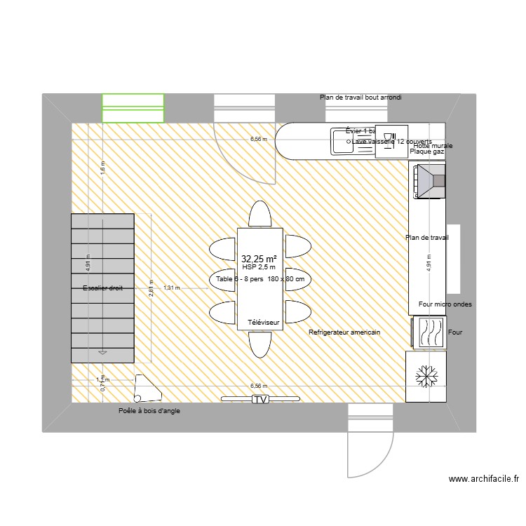 cuisine degr. Plan de 1 pièce et 32 m2