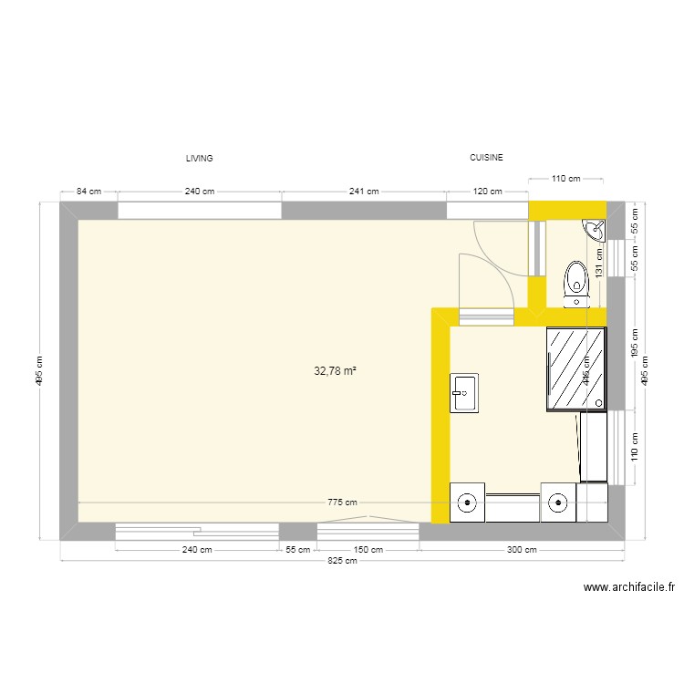 Projet Baton V5. Plan de 1 pièce et 33 m2