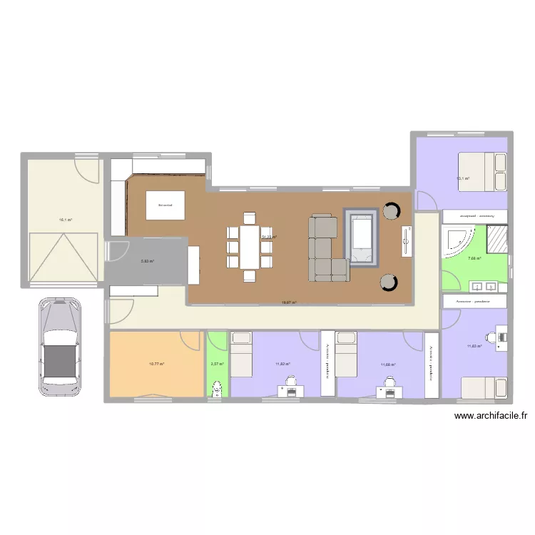 Maison plain pied. Plan de 11 Pièces et 166 m²